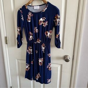 French Grey. Blue floral print knee length dress